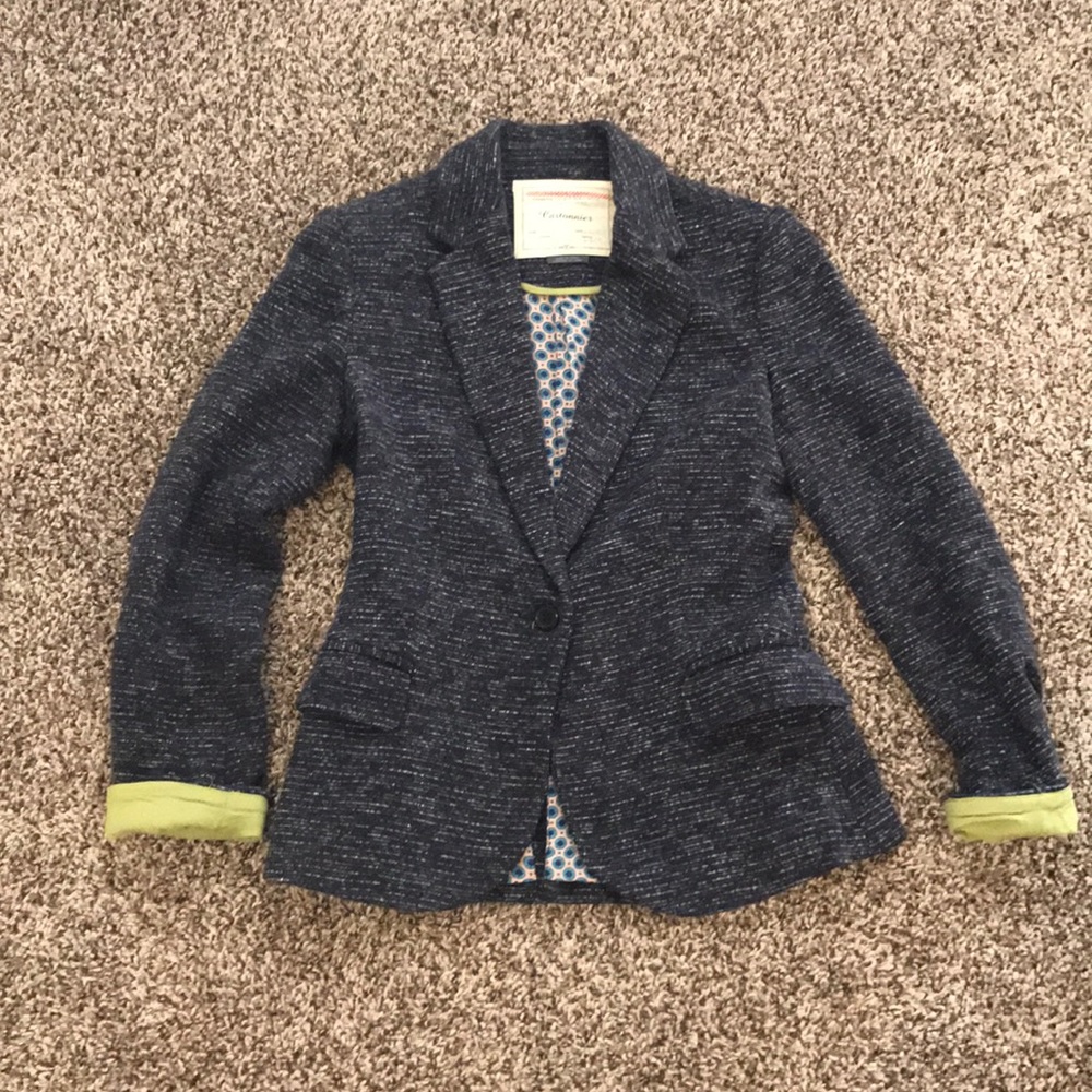 Navy tweed blazer from Anthropologie. Size XS